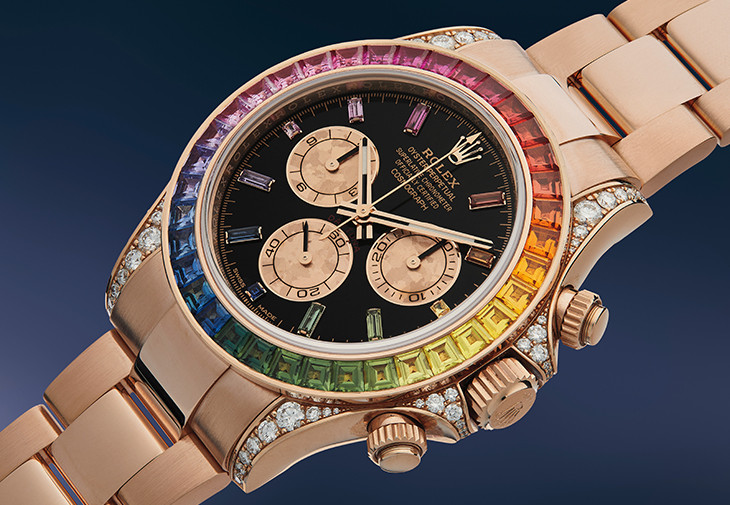 勞力士Daytona Rainbow玫瑰金鑲鑽及藍寶石計時鏈帶腕錶