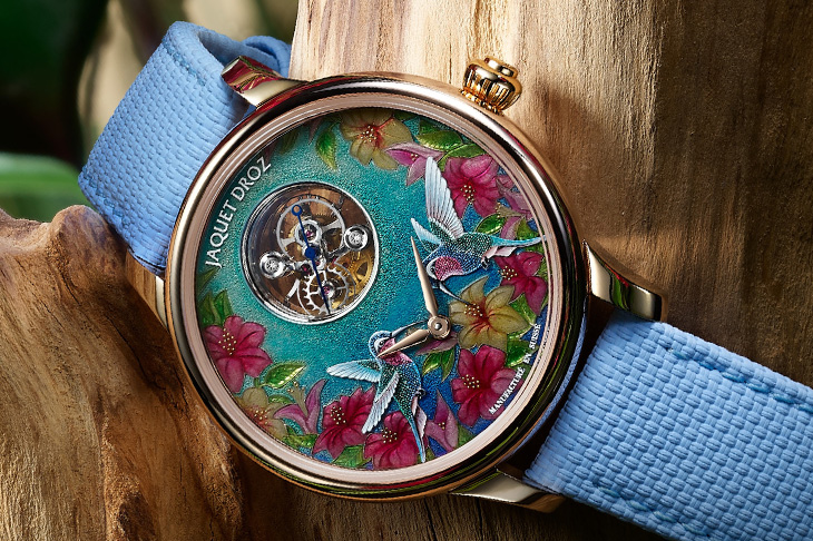 大明火琺瑯蜂鳥 x 神祕陀飛輪／JAQUET DROZ時分小針盤紅金「蜂鳥」腕錶