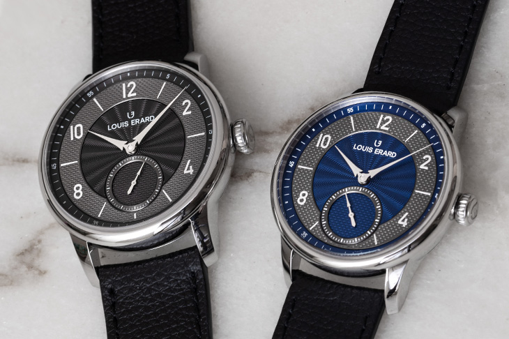 LOUIS ERARD Excellence系列機刻雕花小三針煙煤藍色腕錶39mm、煙煤黑色腕錶42mm