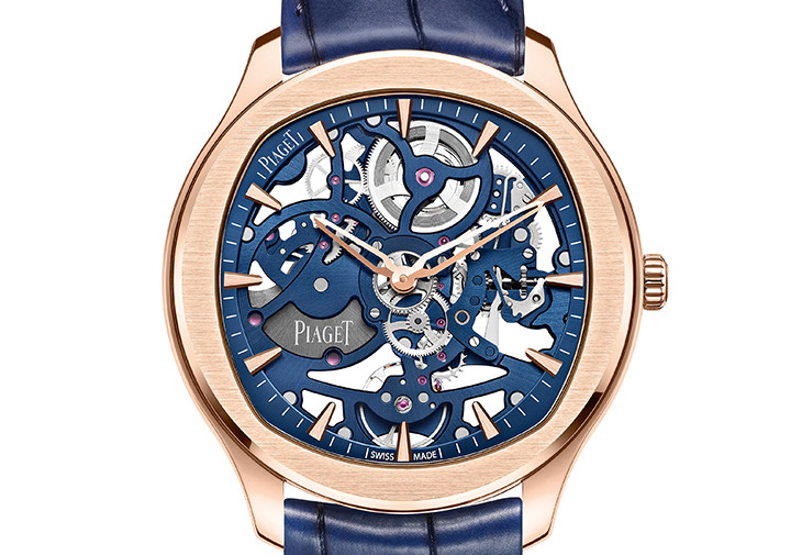 PIAGET Polo系列18K玫瑰金伯爵藍鏤空機芯超薄自動上鍊腕錶