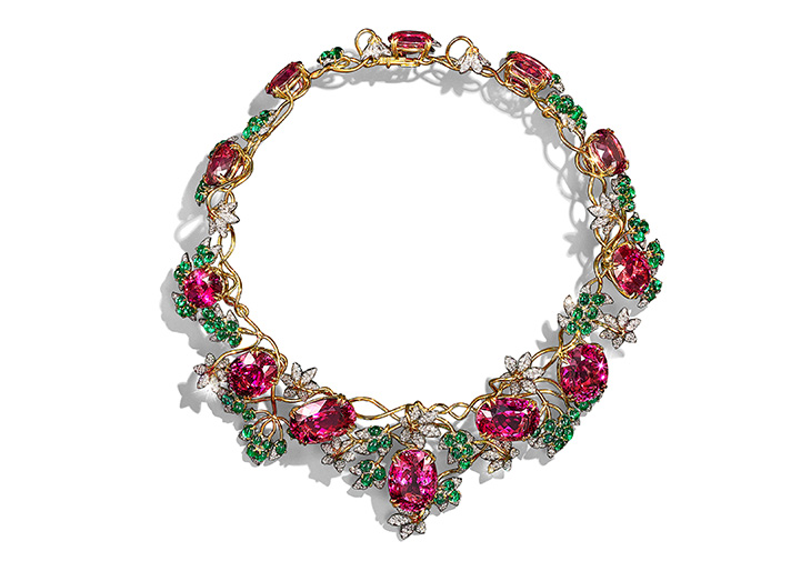 Tiffany & Co. Schlumberger高級珠寶系列鉑金與18K金鑲嵌紅碧璽、祖母綠與鑽石花型設計項鍊