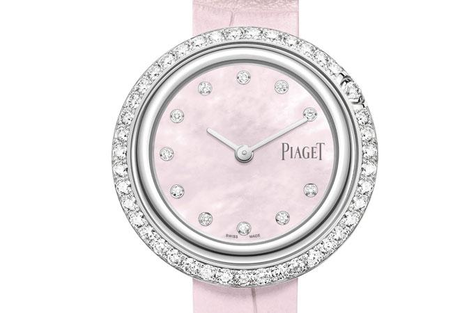 PIAGET Possession系列18K白金櫻花粉珍珠母貝錶盤鑲鑽腕錶