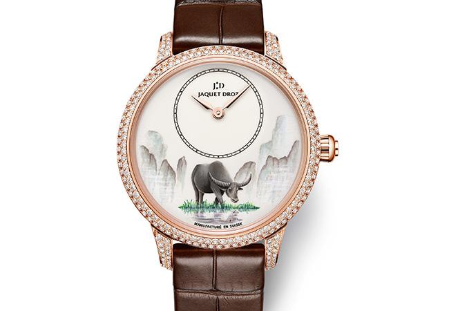 雅克德羅 Jaquet Droz 微繪水牛鑲鑽時分小針盤腕錶，型號：J005003228