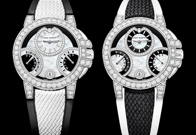 海瑞溫斯Harry Winston Ocean系列黑白雙逆跳功能36毫米自動腕錶，白色編織紋錶帶款
