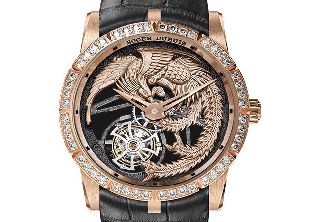 羅杰杜彼ROGER DUBUIS Excalibur系列，舞鳳鏤空飛行陀飛輪腕錶，型號： DBEX0902