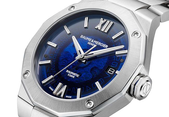 名士BAUME & MERCIER Riviera Baumatic透明煙燻藍色自動腕錶