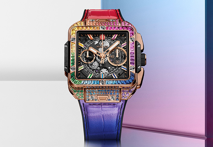 宇舶HUBLOT Square Bang Unico彩虹寶石計時碼錶皇金彩虹款
