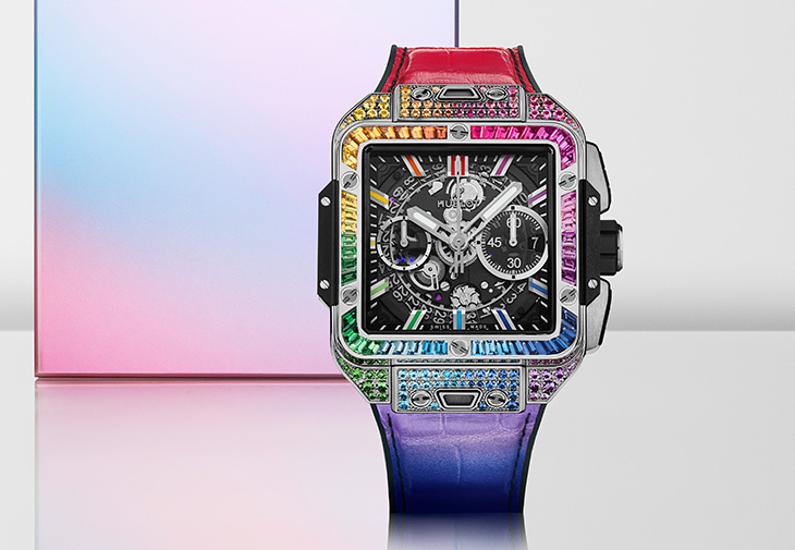 宇舶HUBLOT Square Bang Unico彩虹寶石計時碼錶鈦金彩虹款