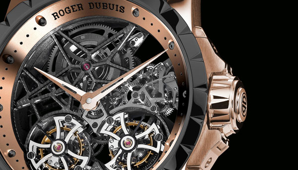 ROGER DUBUIS羅杰杜彼2013年SIHH日內瓦高級鐘錶展精選錶款－Excalibur 45 Double Tourbillon Squelette鏤空雙陀飛輪腕錶