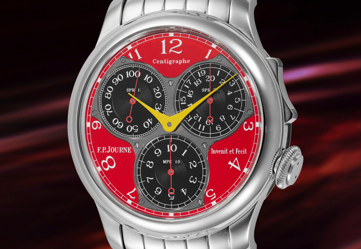 紐約富藝斯鐘錶拍賣品之一，F.P.JOURNE「Centigraphe Souverain “F”」，鉑金計時鏈帶腕錶，備鮮紅色錶盤、1/100 秒、20 秒及 10 分鐘子盤，編號 005，約 2014 年制。附保證書、錶盒。估價：200,000-400,000 美元