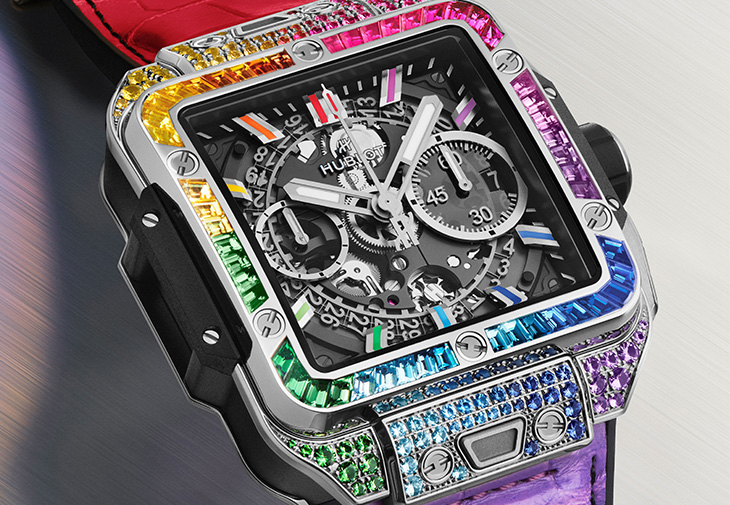 宇舶HUBLOT Square Bang Unico彩虹寶石計時碼錶鈦金彩虹款