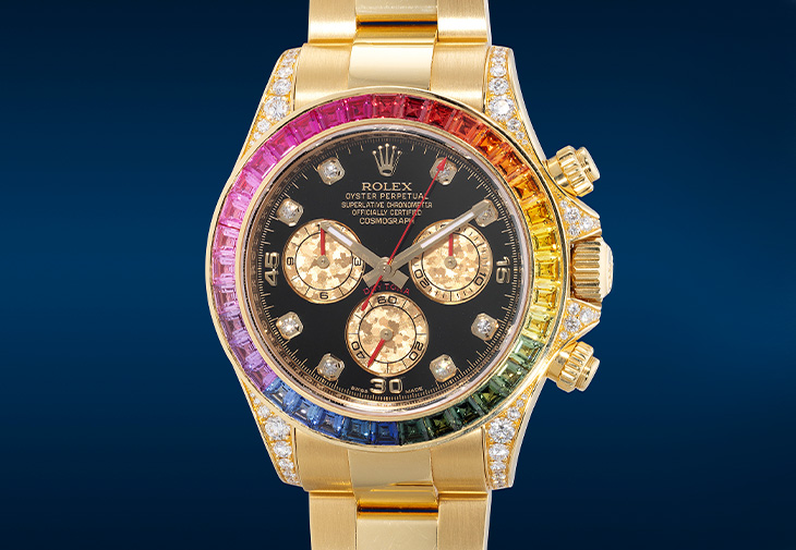 勞力士「Cosmograph Daytona, Rainbow 」黃金鑲鑽和多彩寶石自動計時鏈帶腕錶型號116598RBOW