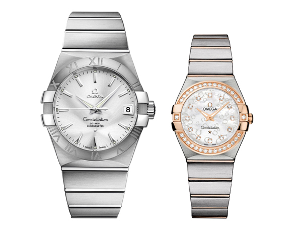 星座系列男女對錶,不鏽鋼材質錶殼與錶鏈,男款搭載8500同軸擒縱機芯,女款則搭載石英機芯。 星座系列男女對錶,不鏽鋼材質錶殼與錶鏈,男款搭載8500同軸擒縱機芯,女款則搭載石英機芯。