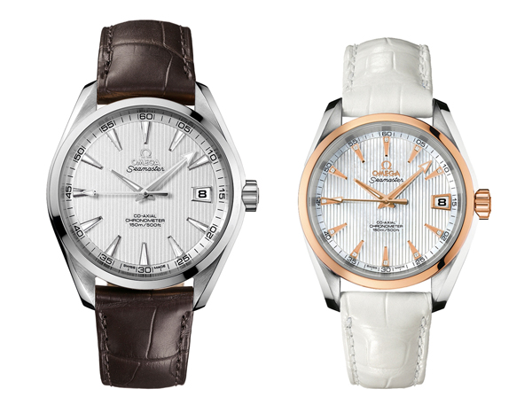 海馬Aqua Terra 男女對錶,搭載8500同軸擒縱機芯,不鏽鋼材質錶殼搭配黑色(男款)或白色(女款)鱷魚皮錶帶。 海馬Aqua Terra 男女對錶,搭載8500同軸擒縱機芯,不鏽鋼材質錶殼搭配黑色(男款)或白色(女款)鱷魚皮錶帶。