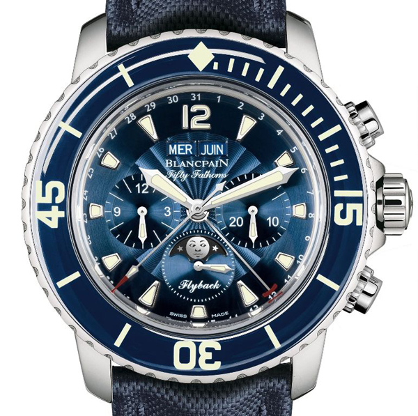 五十噚系列,延續09年的Ocean Blue深海意念,全日曆月相盈虧飛返計時碼錶,面盤採用與其相同的鈷藍色調,並設計隱藏式調校功能,建議售價787,000元。 五十噚系列,延續09年的Ocean Blue深海意念,全日曆月相盈虧飛返計時碼錶,面盤採用與其相同的鈷藍色調,並設計隱藏式調校功能,建議售價787,000元。